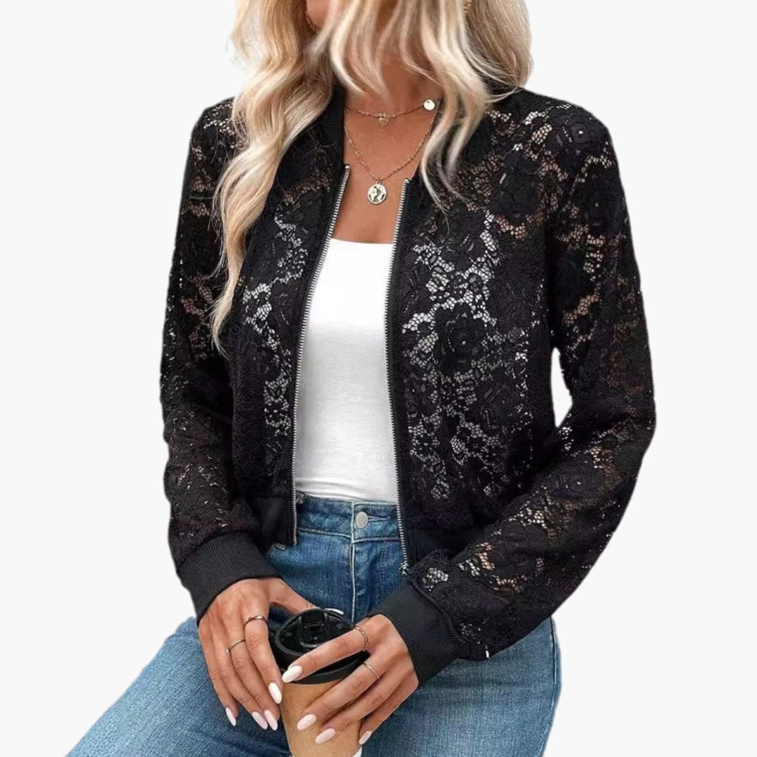 Women's lace bomber jacket with ribbed cuffs