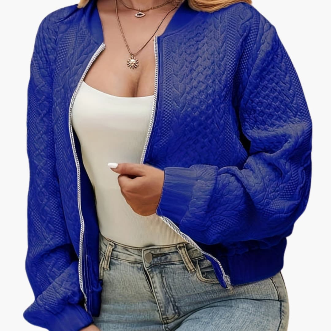 Textured women's bomber jacket with stand-up collar and zip closure