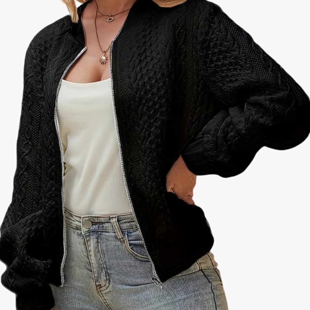 Textured women's bomber jacket with stand-up collar and zip closure