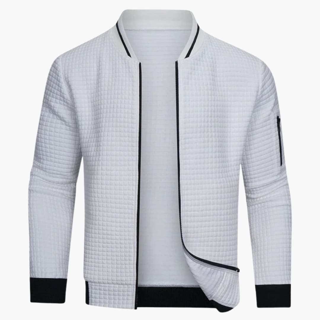 Quilted bomber jacket for men with ribbed hem and zippered pocket on the sleeve