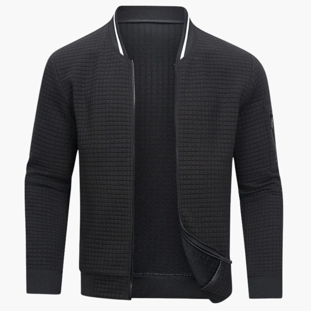 Quilted bomber jacket for men with ribbed hem and zippered pocket on the sleeve