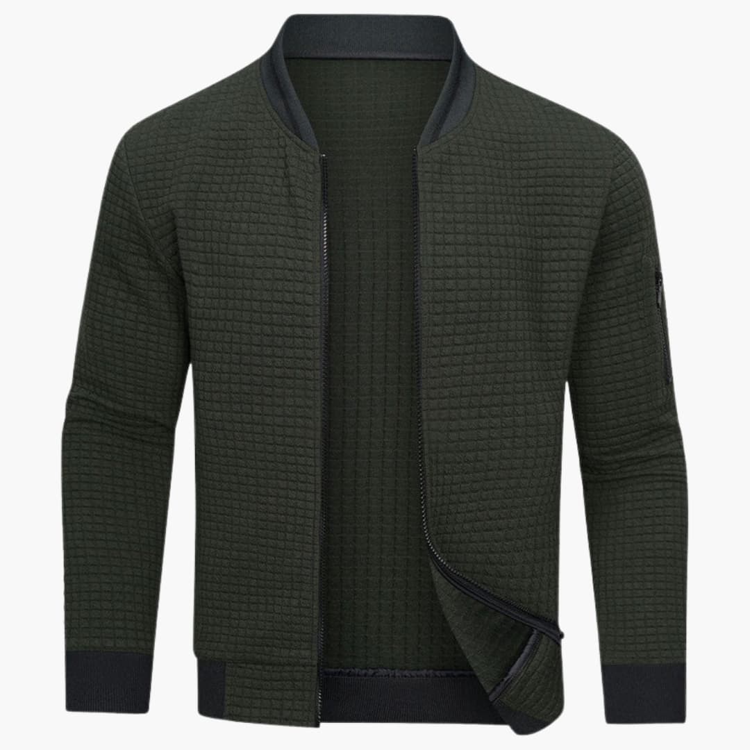 Quilted bomber jacket for men with ribbed hem and zippered pocket on the sleeve