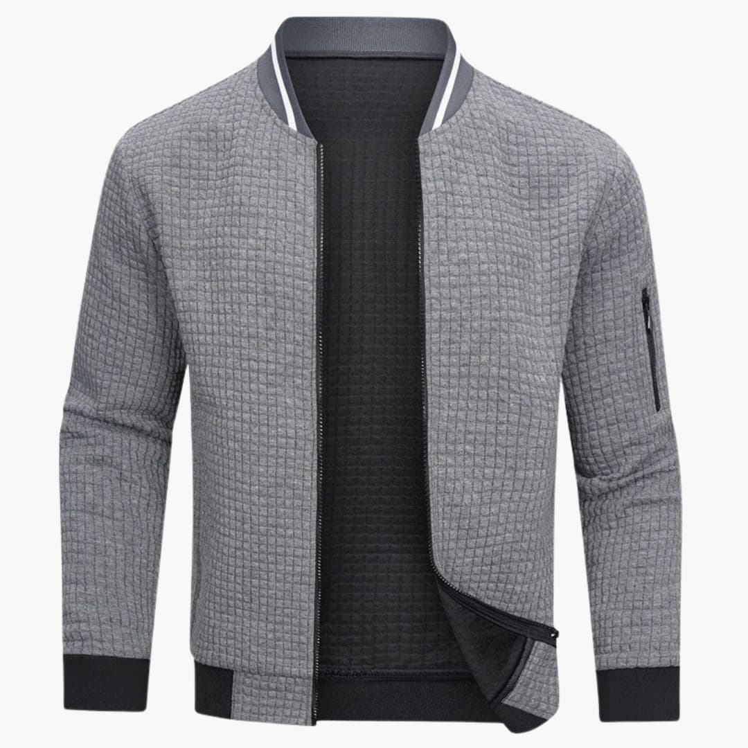 Quilted bomber jacket for men with ribbed hem and zippered pocket on the sleeve