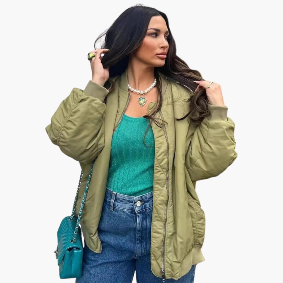 Oversized women's bomber jacket with multiple pockets and zip closure