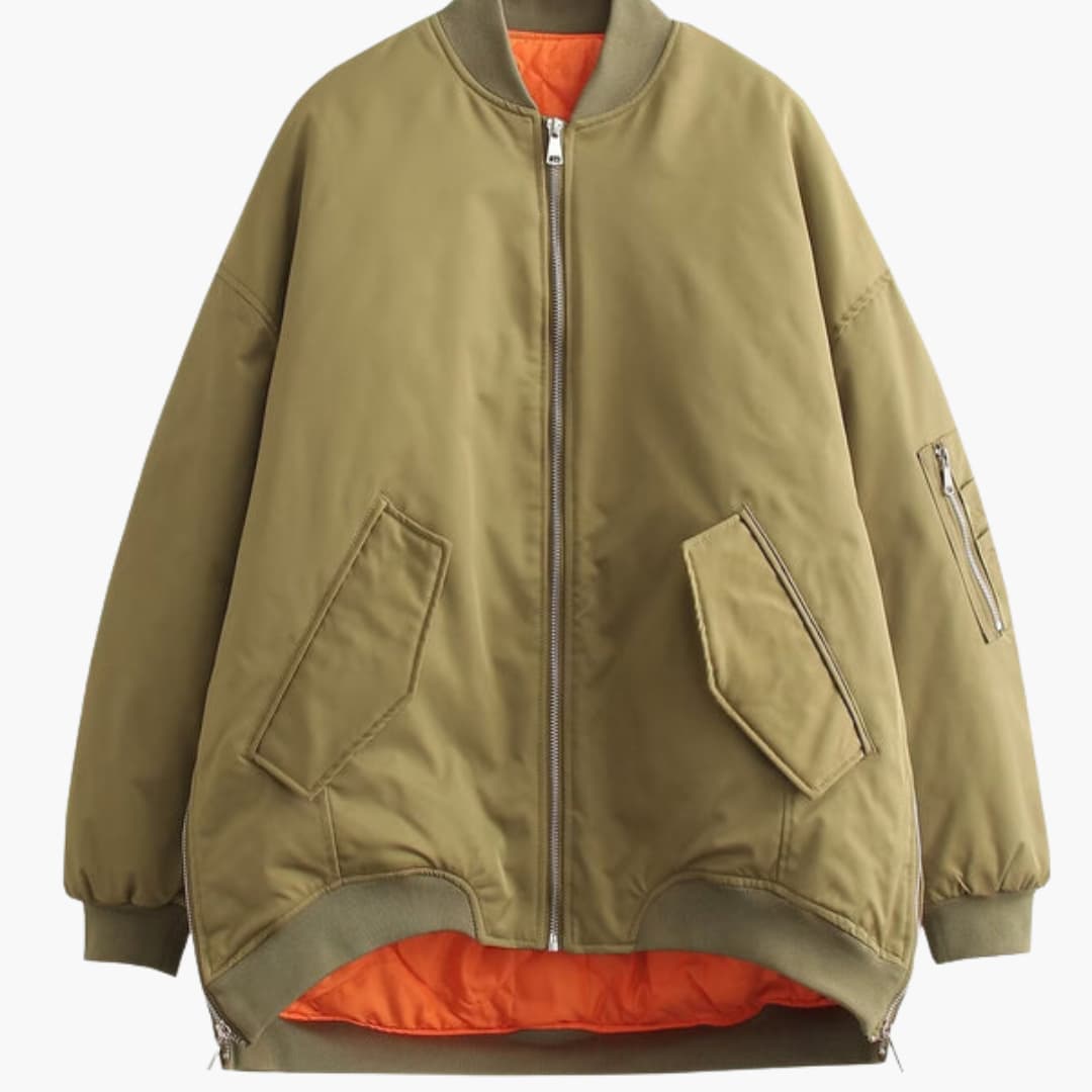 Oversized women's bomber jacket with multiple pockets and zip closure