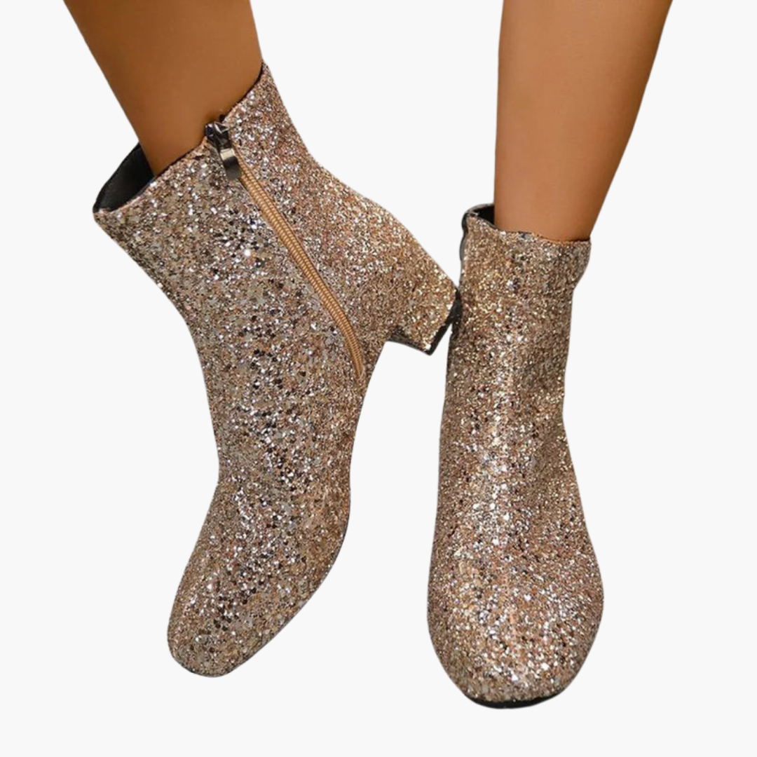 Bottines pour femme avec dessus scintillant et talon bloc