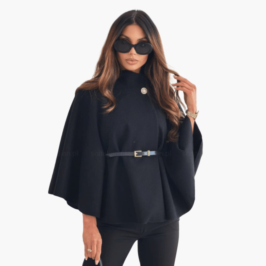 Cape en laine femme avec col montant et ceinture