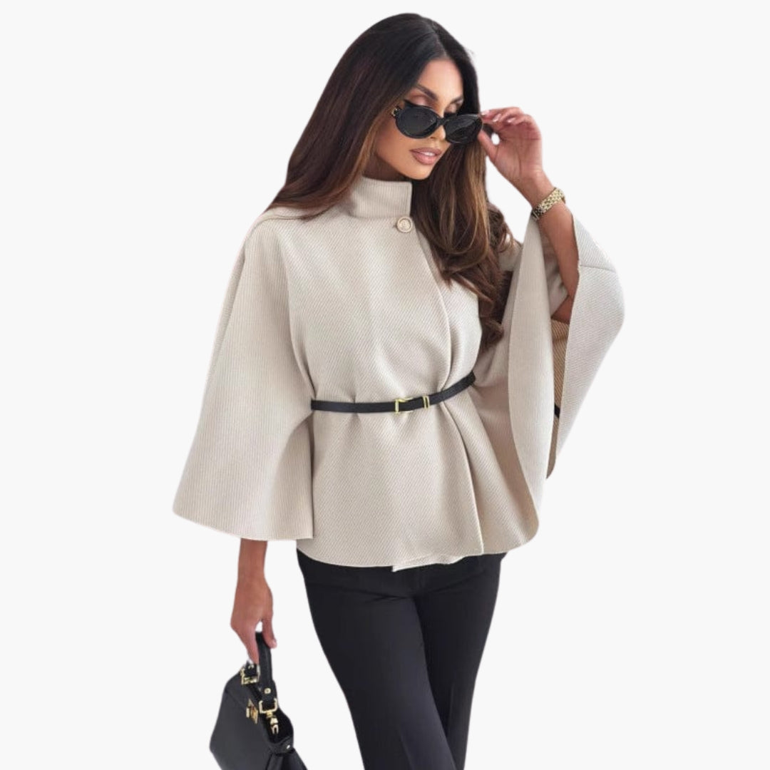 Cape en laine femme avec col montant et ceinture