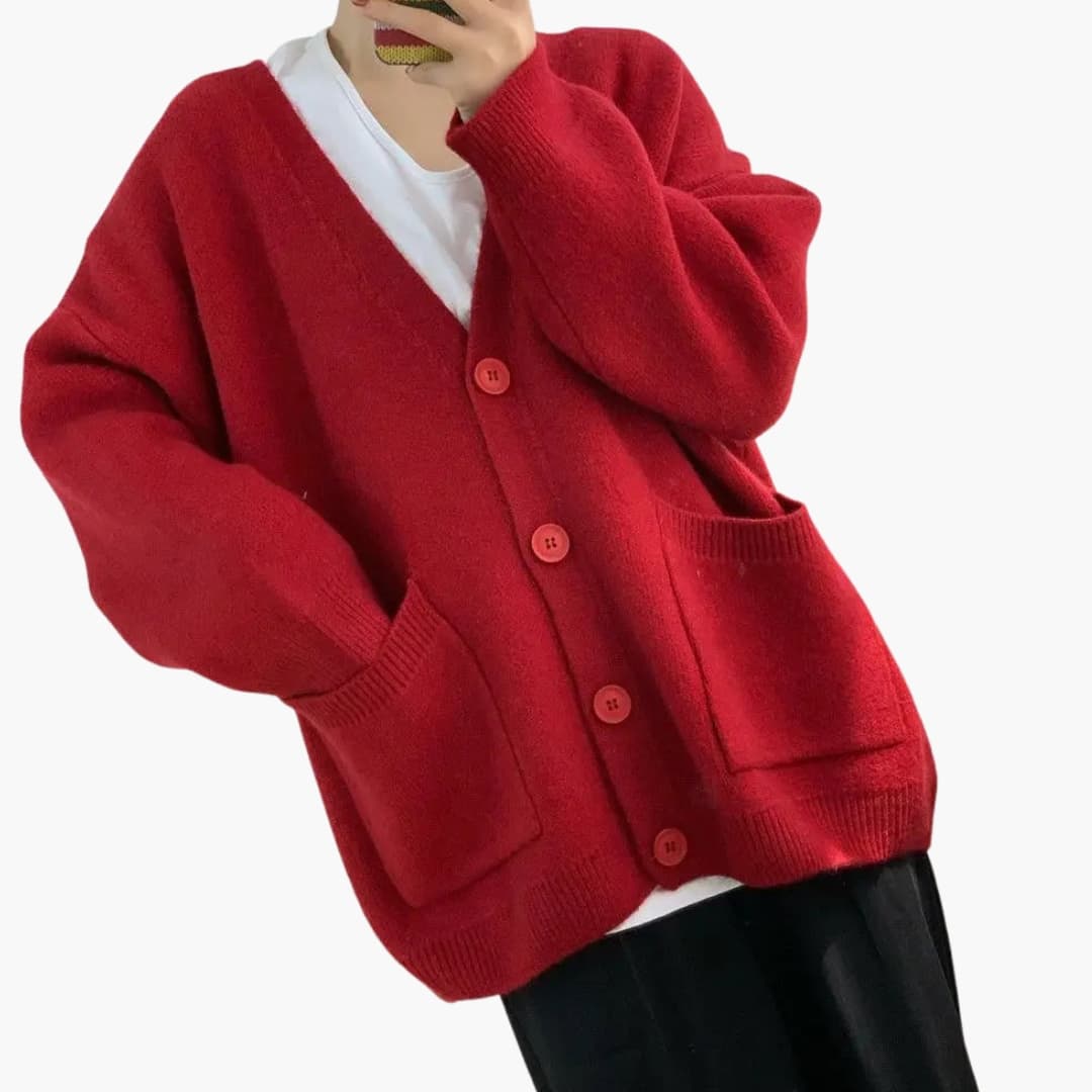Women's knit cardigan with front buttons and patch pockets