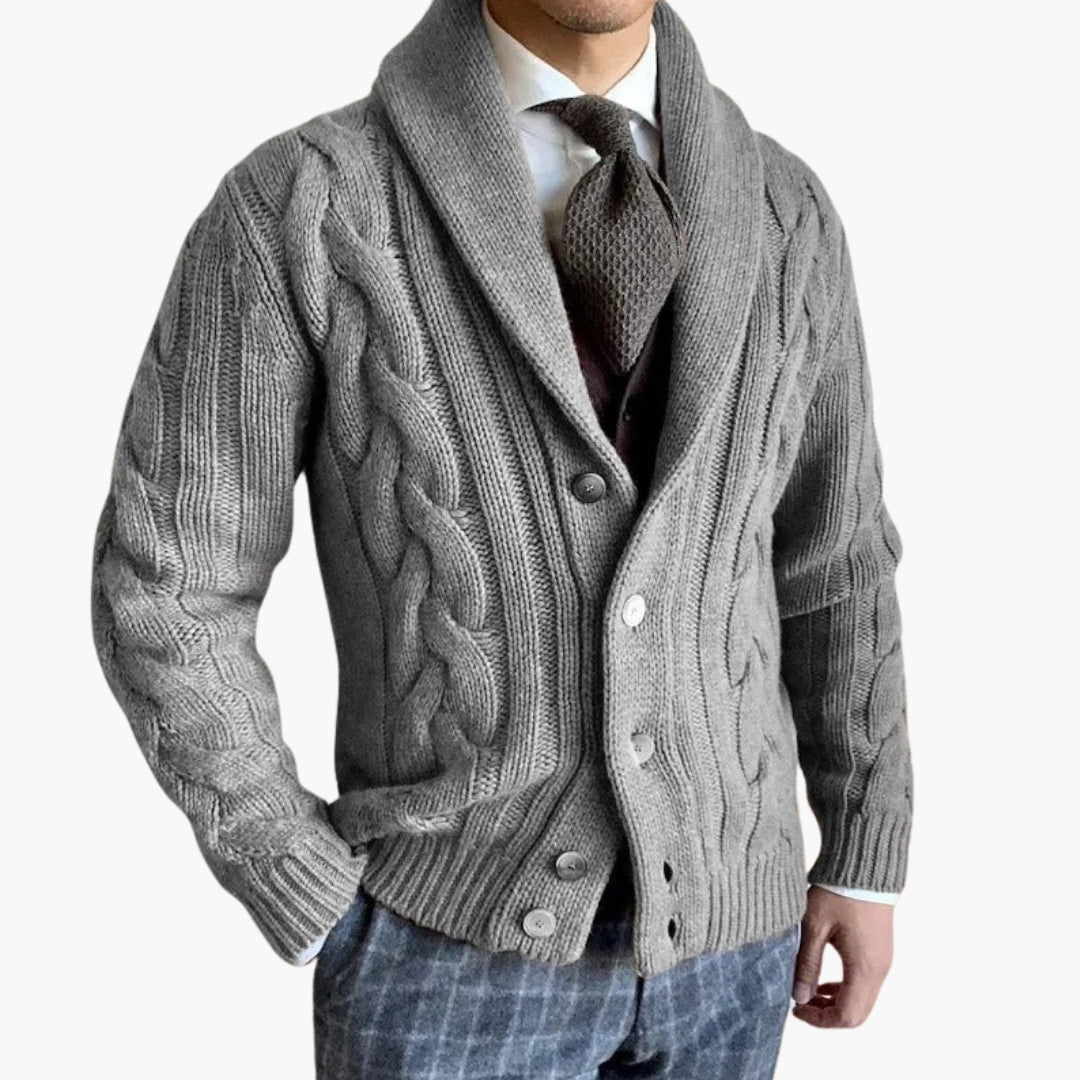 Men's cardigan in twisted knit with shawl collar