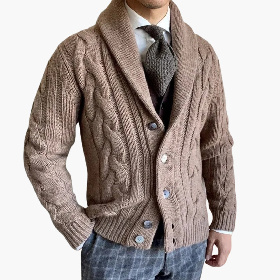 Men's cardigan in twisted knit with shawl collar