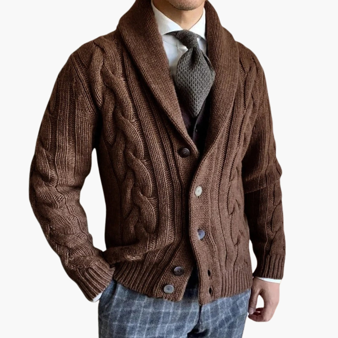 Men's cardigan in twisted knit with shawl collar