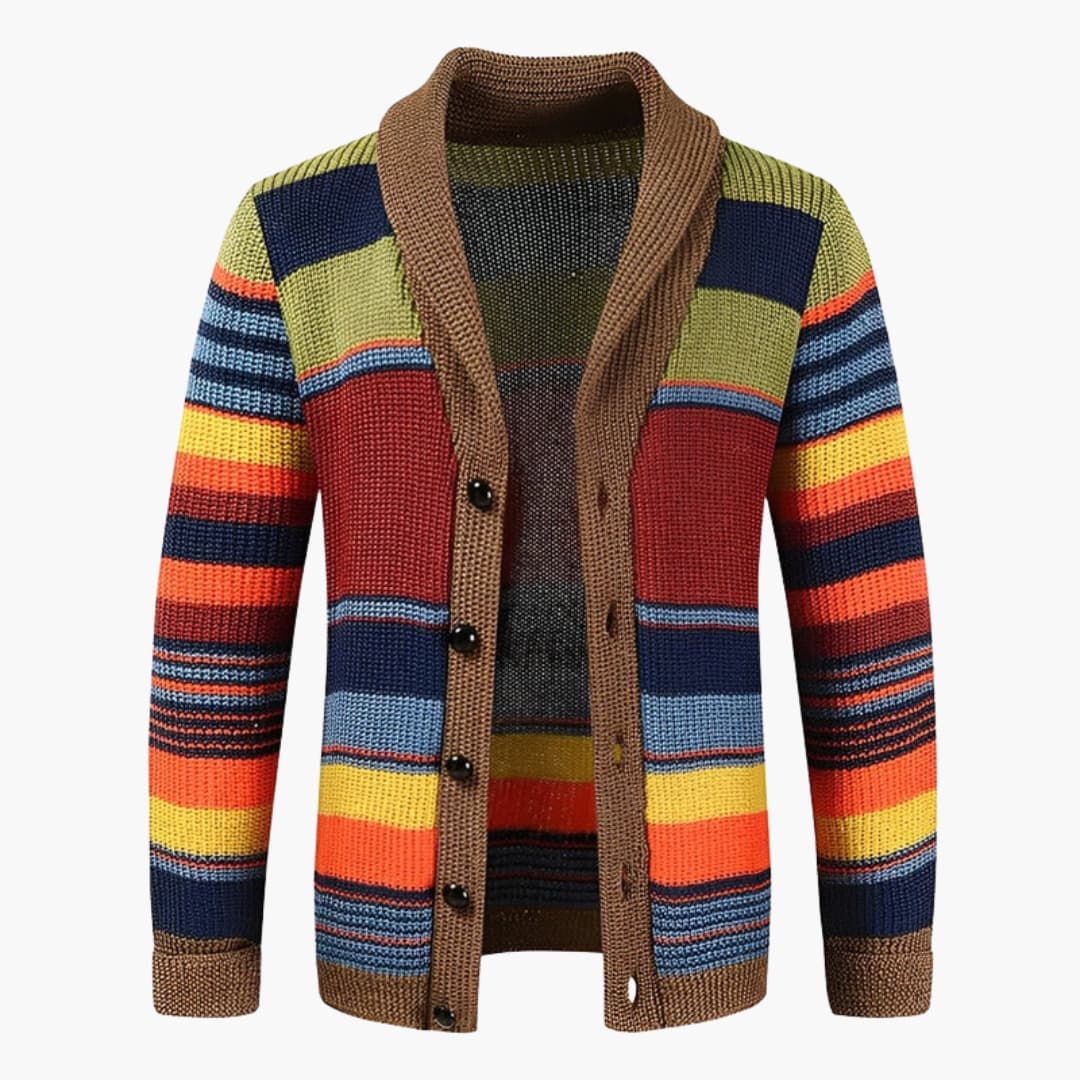 Cardigan uomo retrò a blocchi di colori con chiusura a bottoni