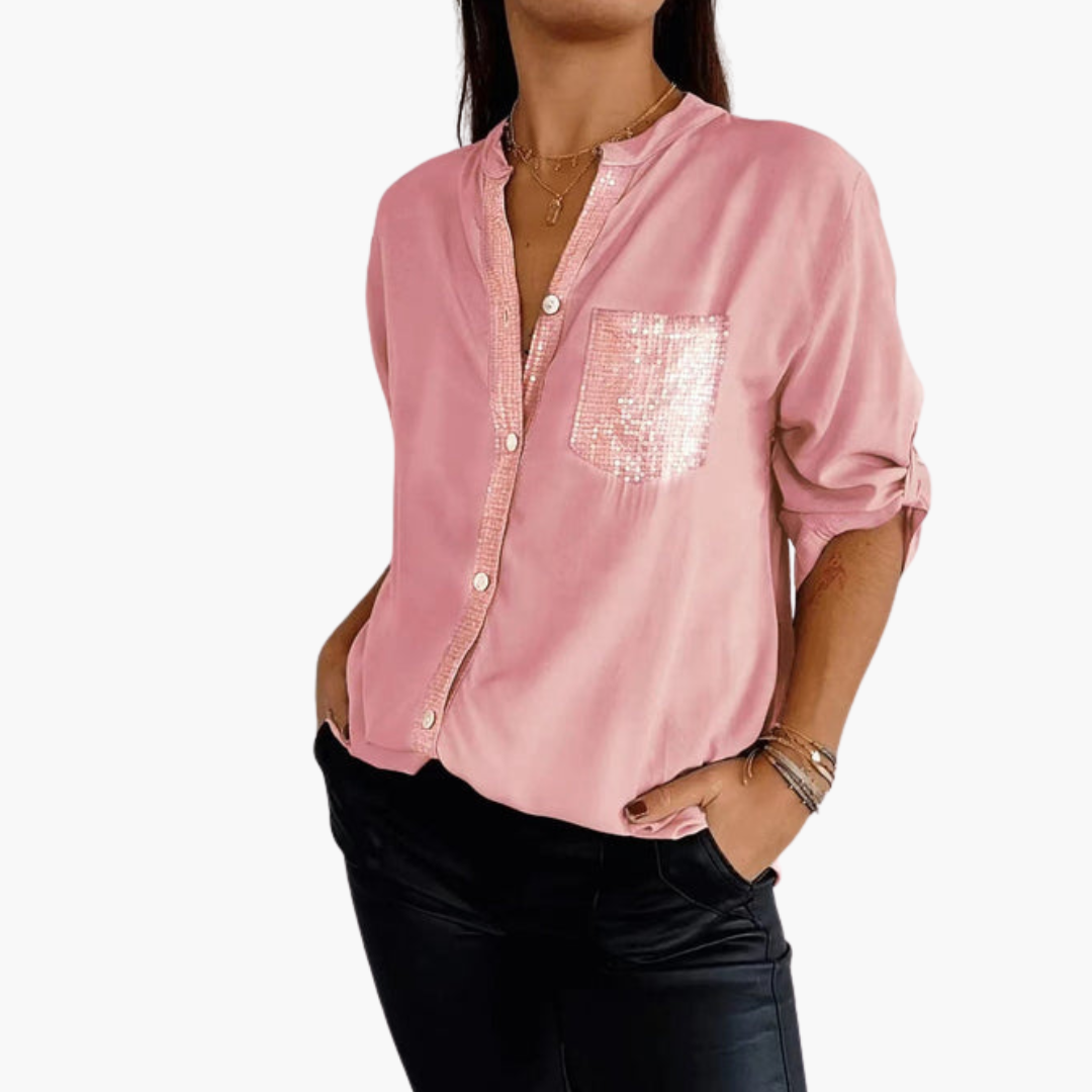 Chemise femme à boutons avec poche à sequins et manches retroussables