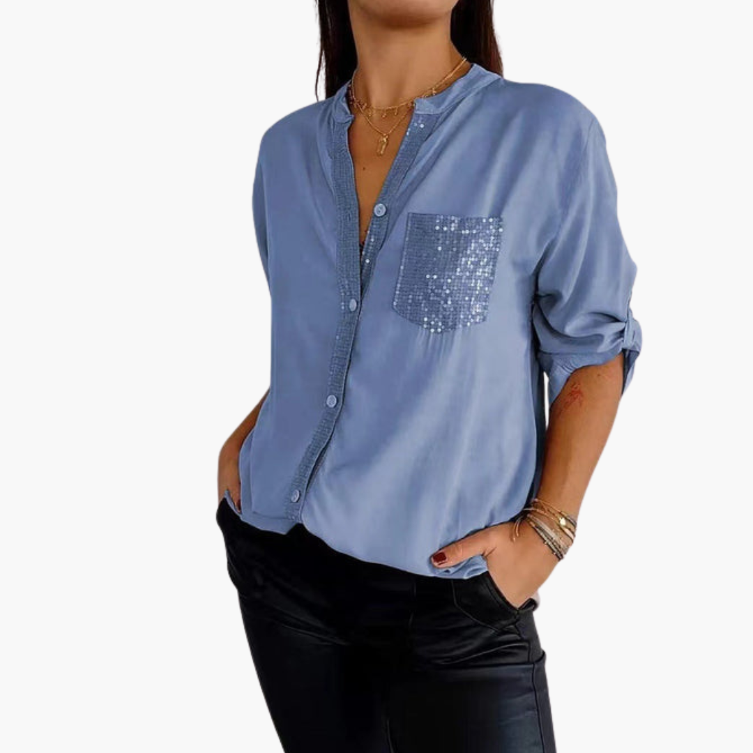 Chemise femme à boutons avec poche à sequins et manches retroussables