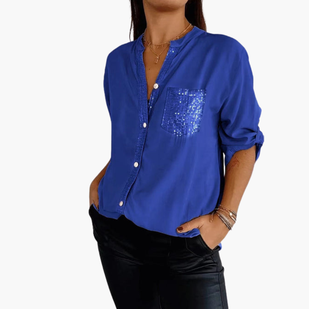 Chemise femme à boutons avec poche à sequins et manches retroussables