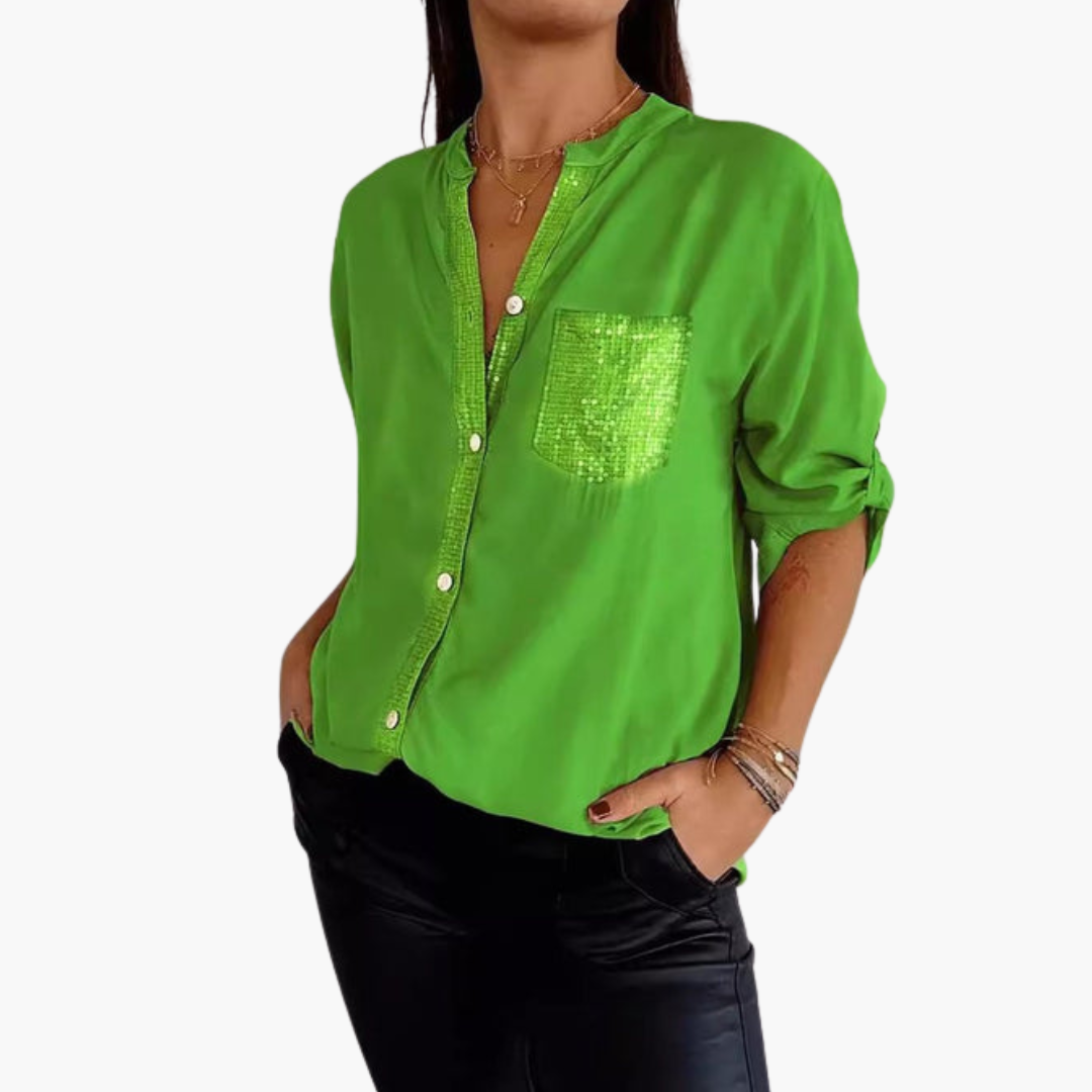 Chemise femme à boutons avec poche à sequins et manches retroussables