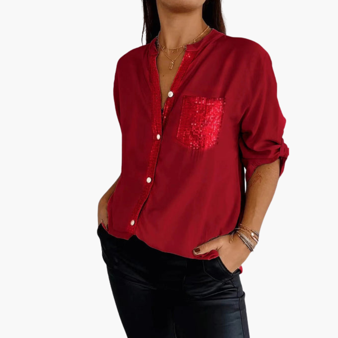 Chemise femme à boutons avec poche à sequins et manches retroussables