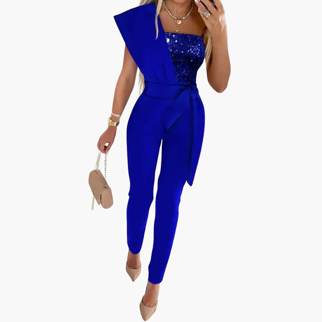 Kvinde Jumpsuit med Bar Skulder og Glitrende Overflade