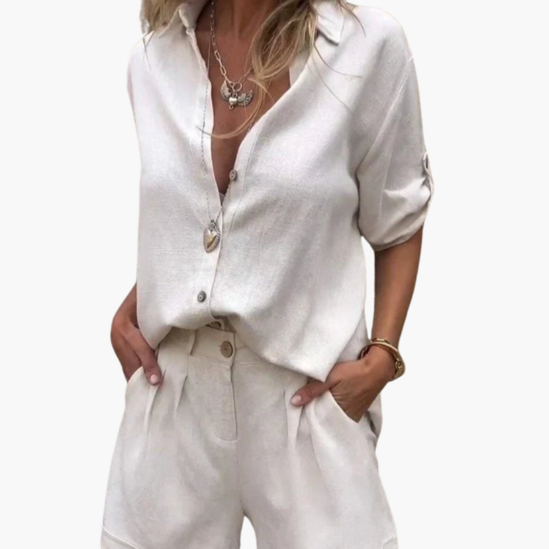 Women's Short-Sleeved Jumpsuit with Buttoned Placket