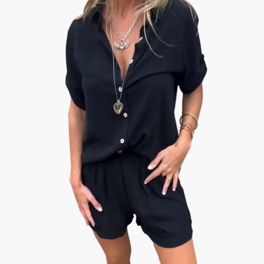 Women's Short-Sleeved Jumpsuit with Buttoned Placket