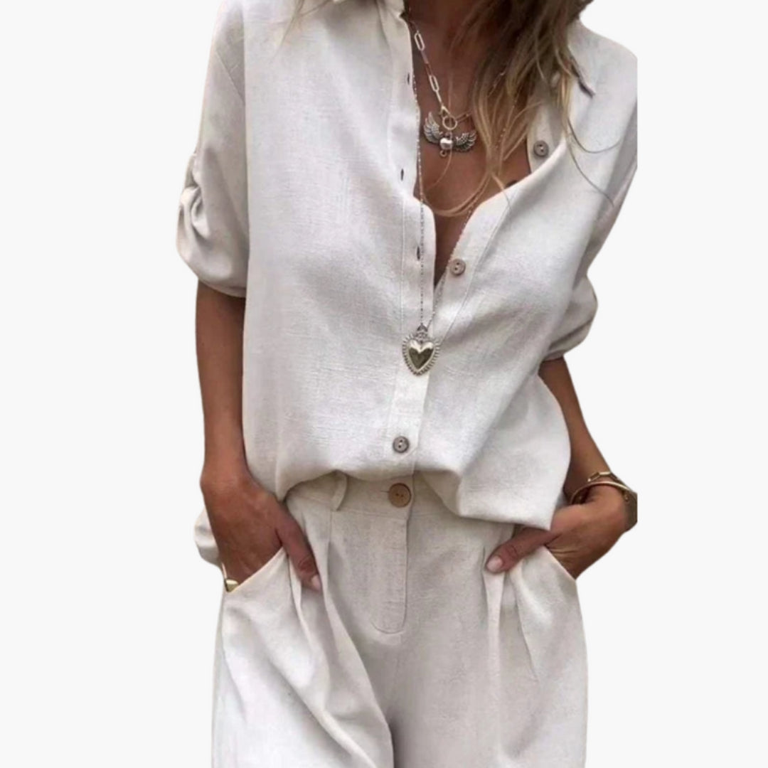 Women's Short-Sleeved Jumpsuit with Buttoned Placket