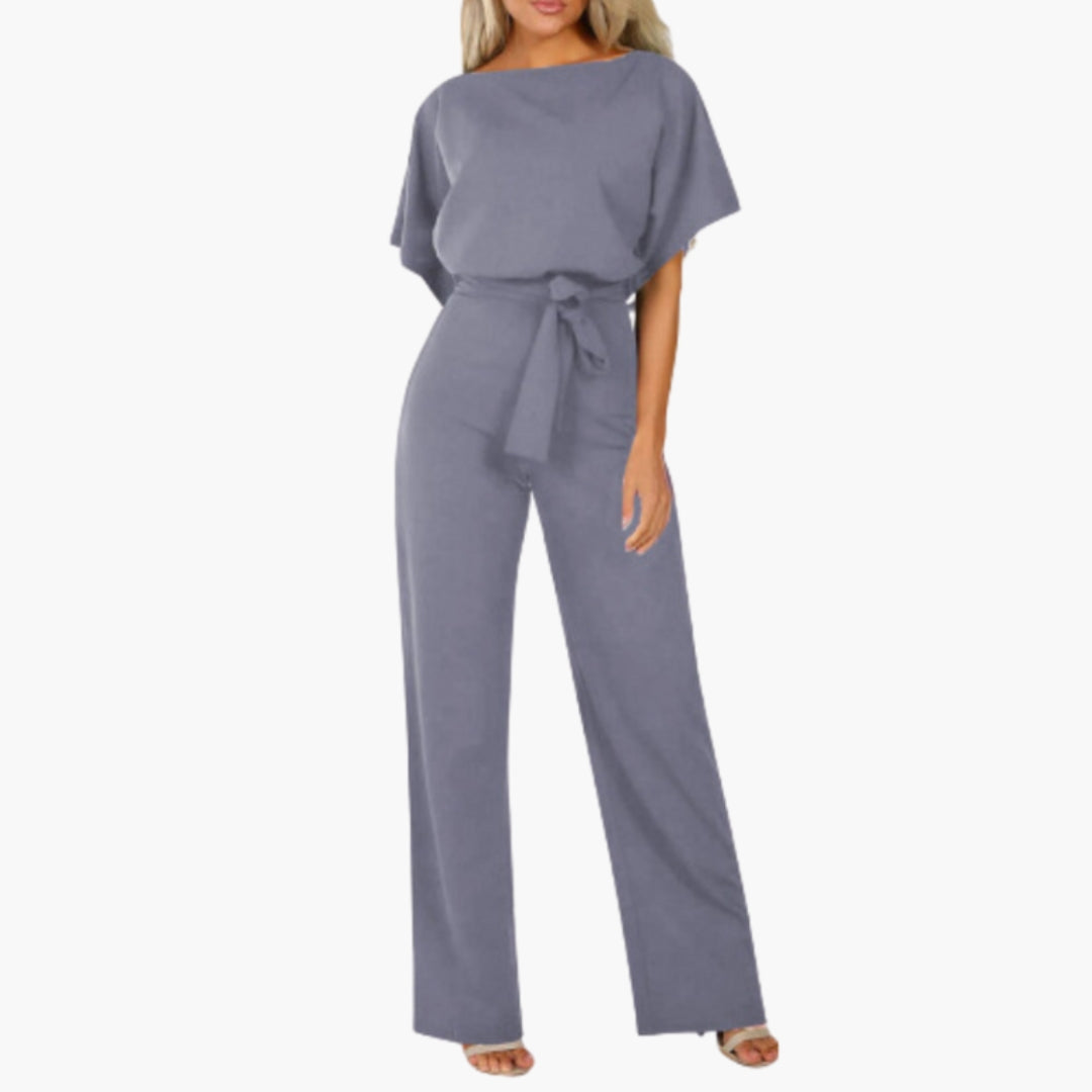 Women's Jumpsuit with Round Neck and Tie Belt