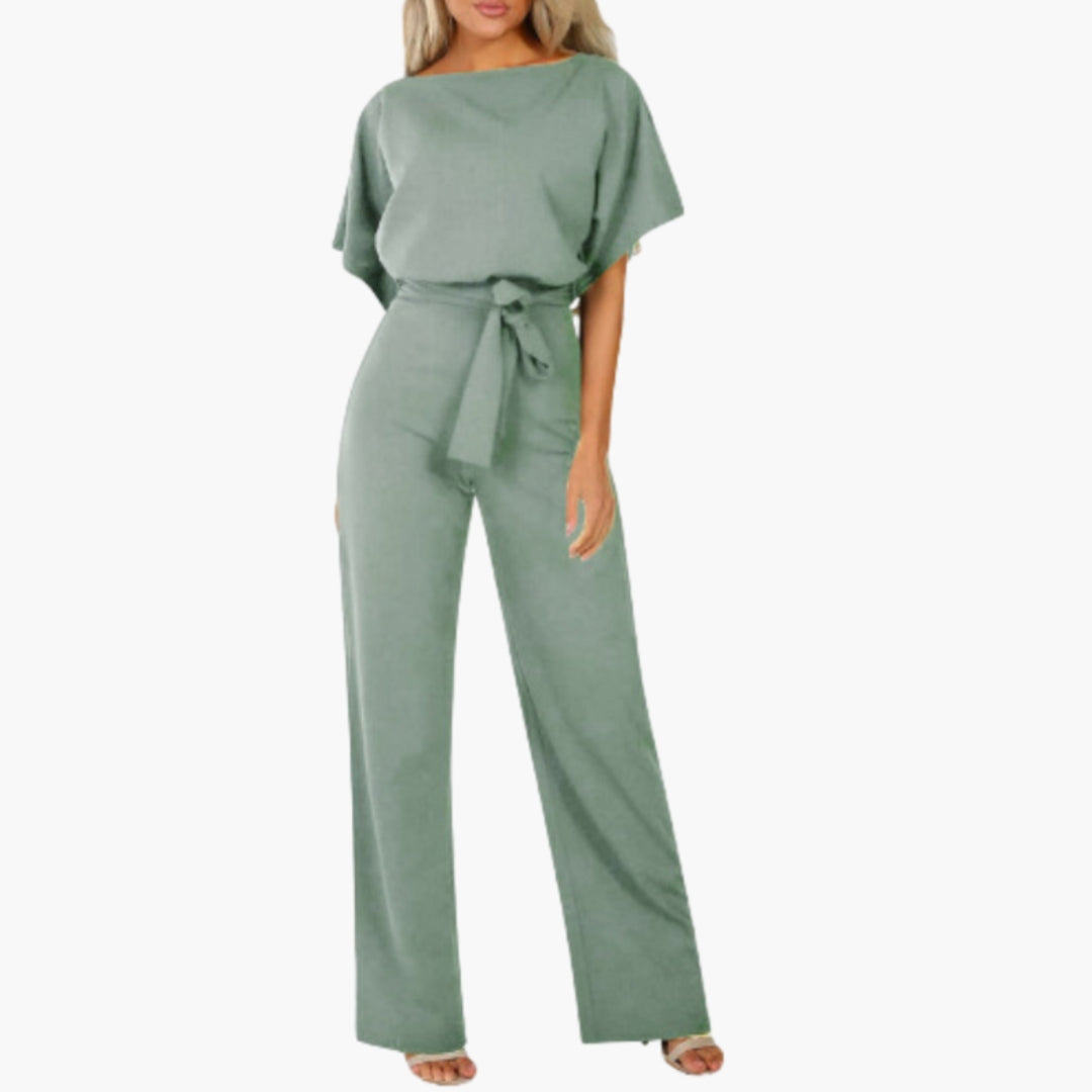 Women's Jumpsuit with Round Neck and Tie Belt