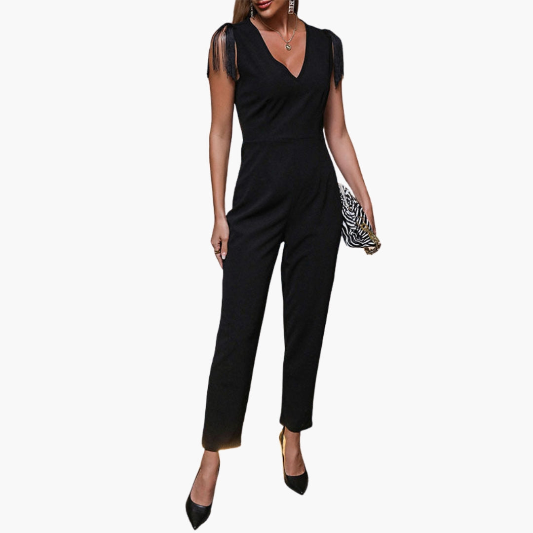Women's jumpsuit with fringes and V-neck