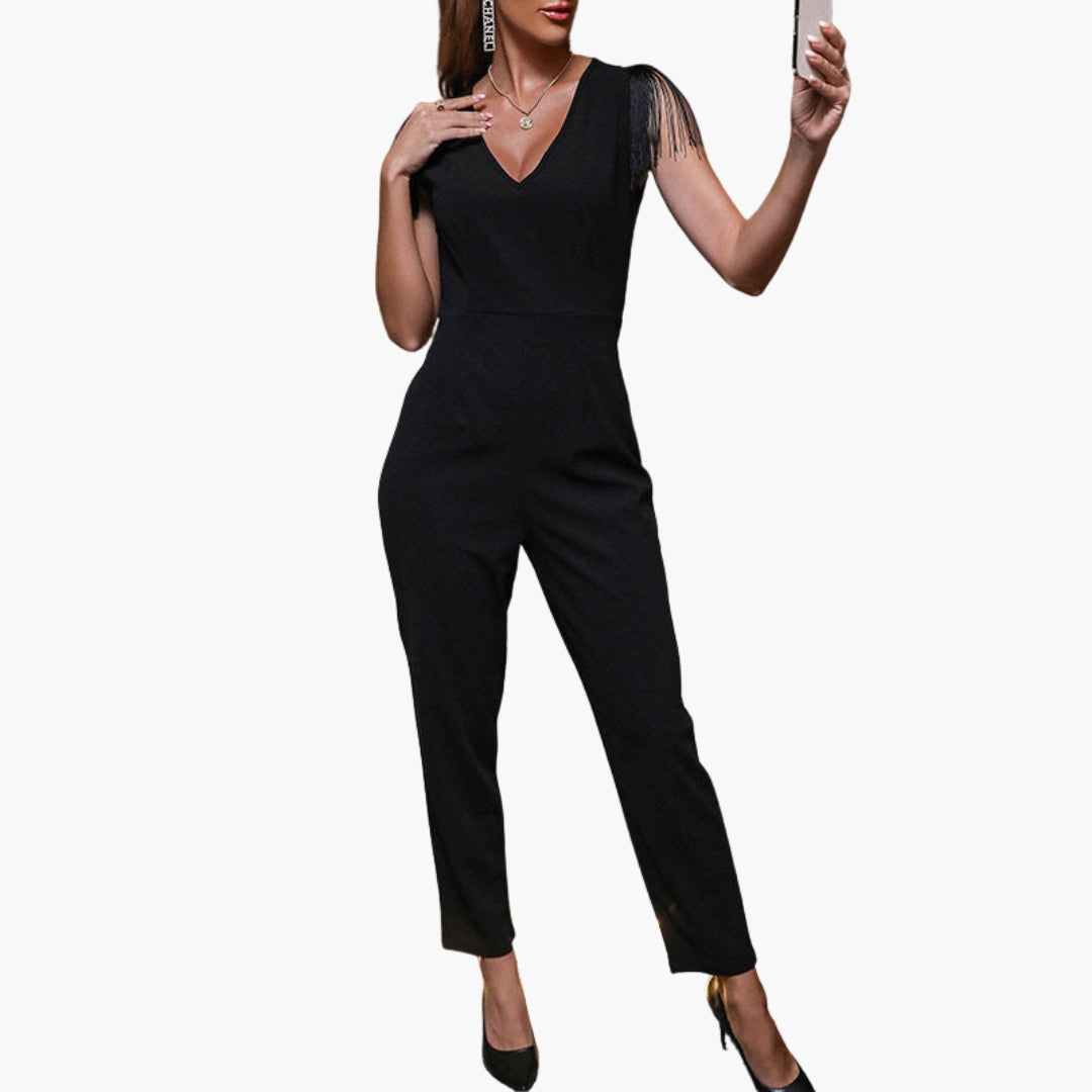 Women's jumpsuit with fringes and V-neck