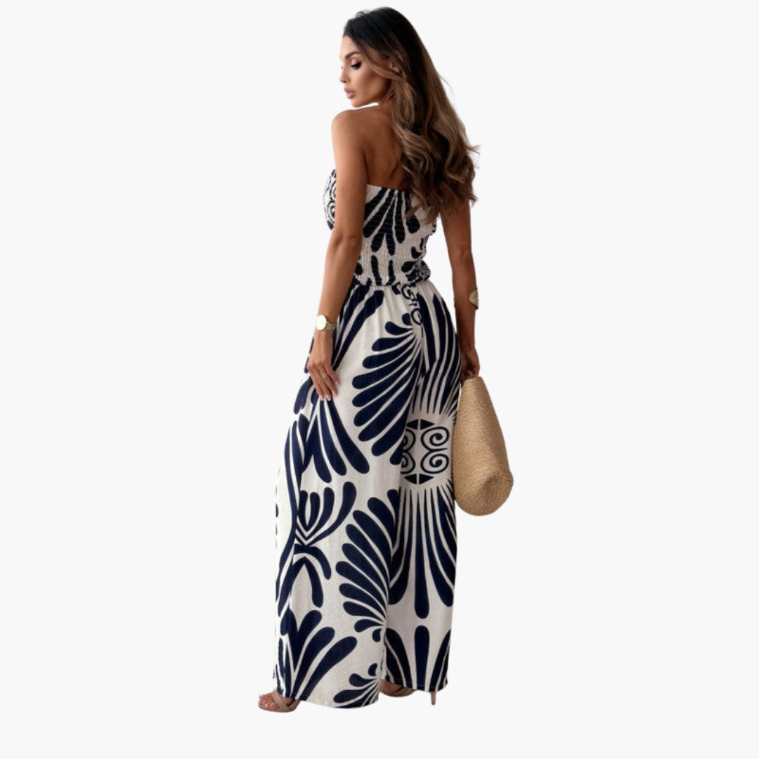 Kombinezon damski z gorsetem i szerokimi nogawkami w kwiatowy wzór