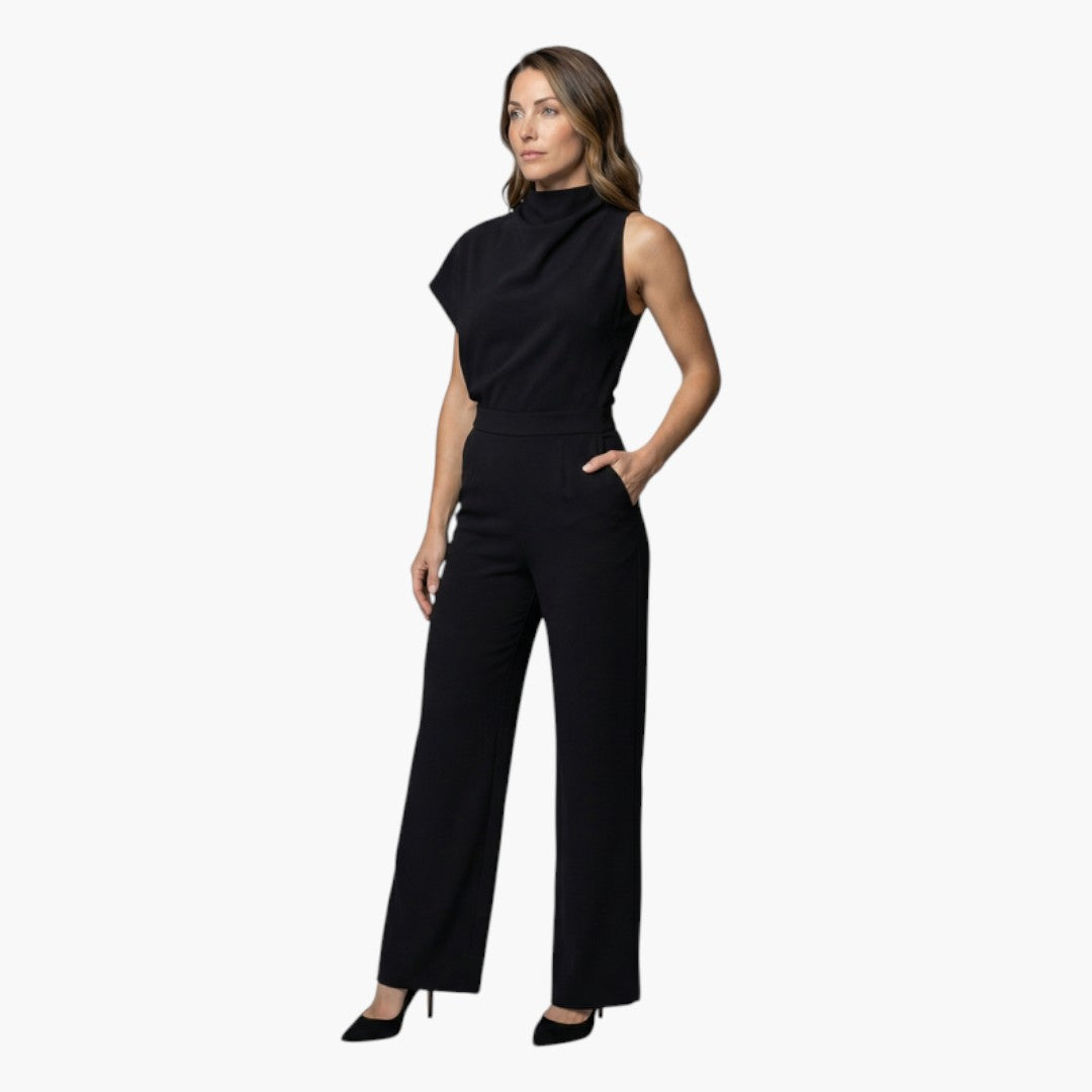 Tuta donna con collo alto asimmetrico e gambe larghe