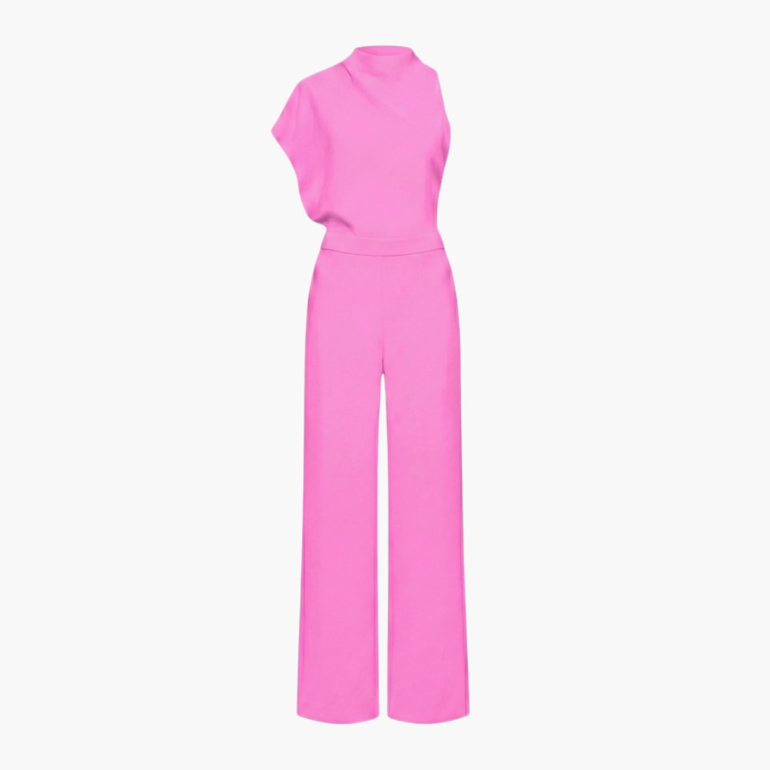 Tuta donna con collo alto asimmetrico e gambe larghe