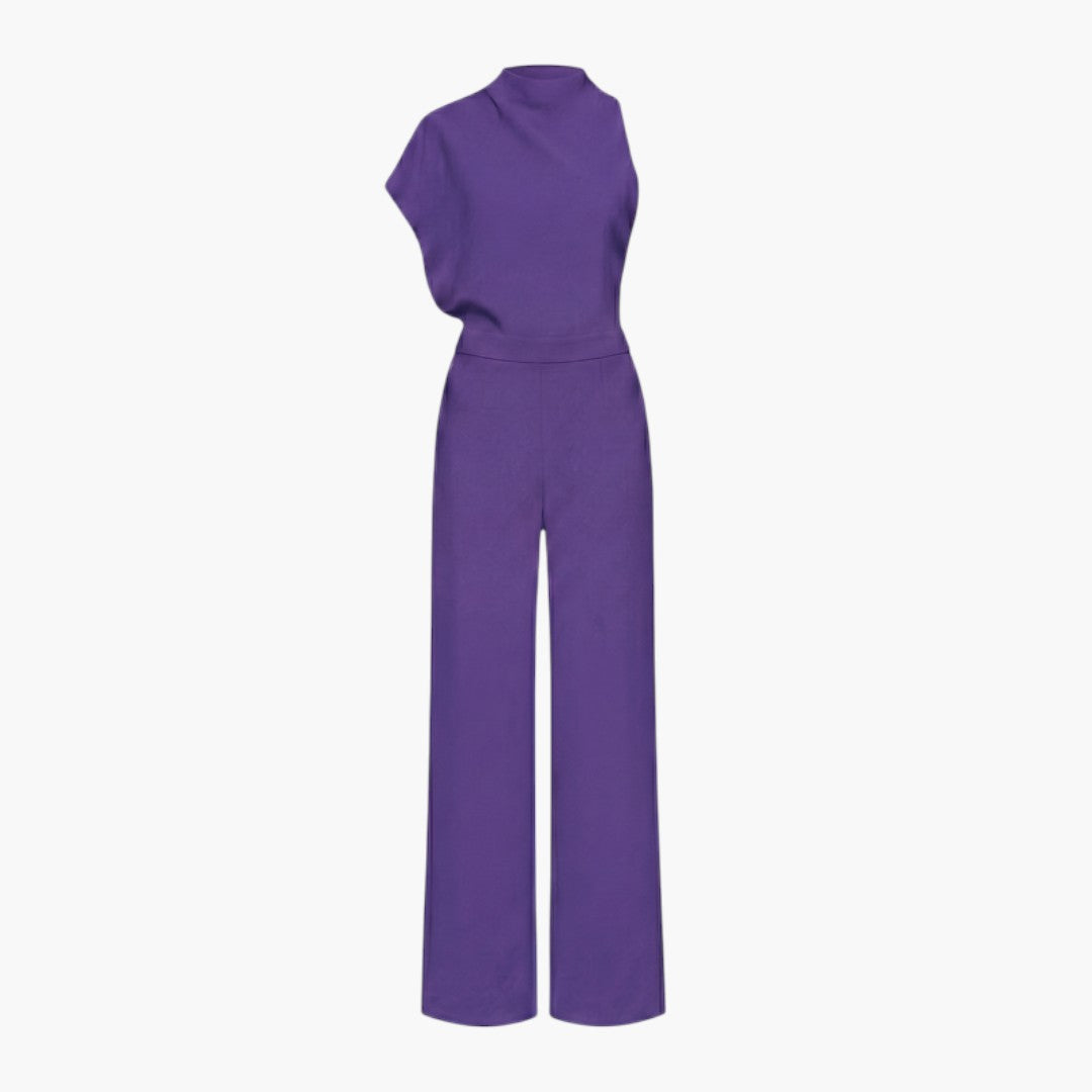Tuta donna con collo alto asimmetrico e gambe larghe