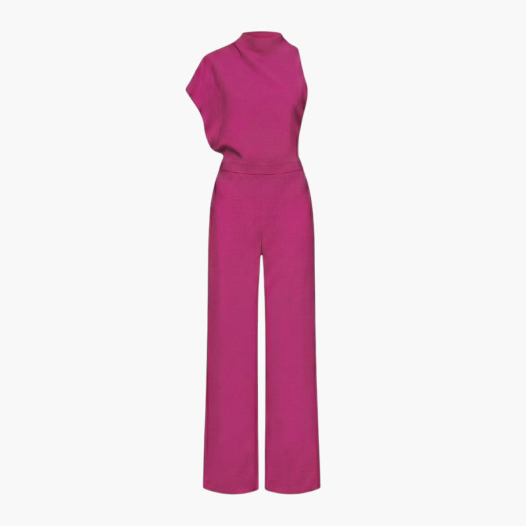 Tuta donna con collo alto asimmetrico e gambe larghe