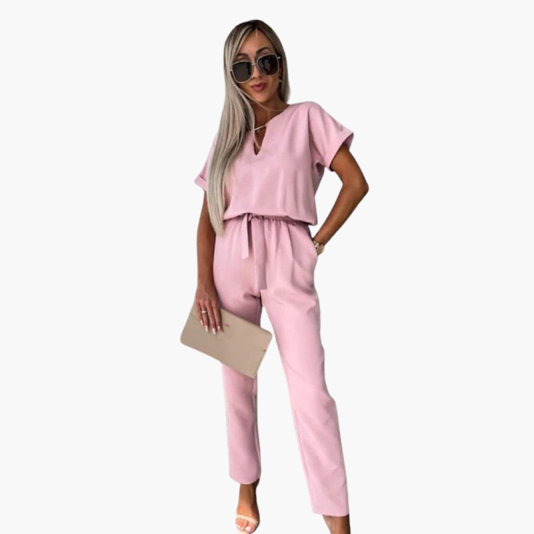 Women's jumpsuit with round neckline and waist tie