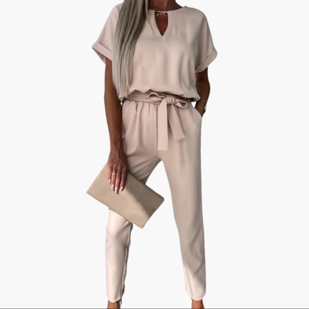 Women's jumpsuit with round neckline and waist tie