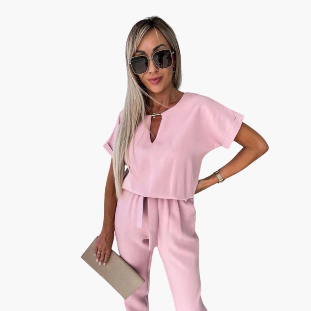 Women's jumpsuit with round neckline and waist tie