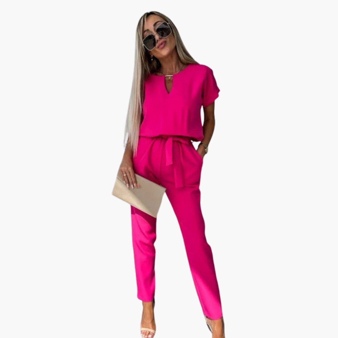 Women's jumpsuit with round neckline and waist tie