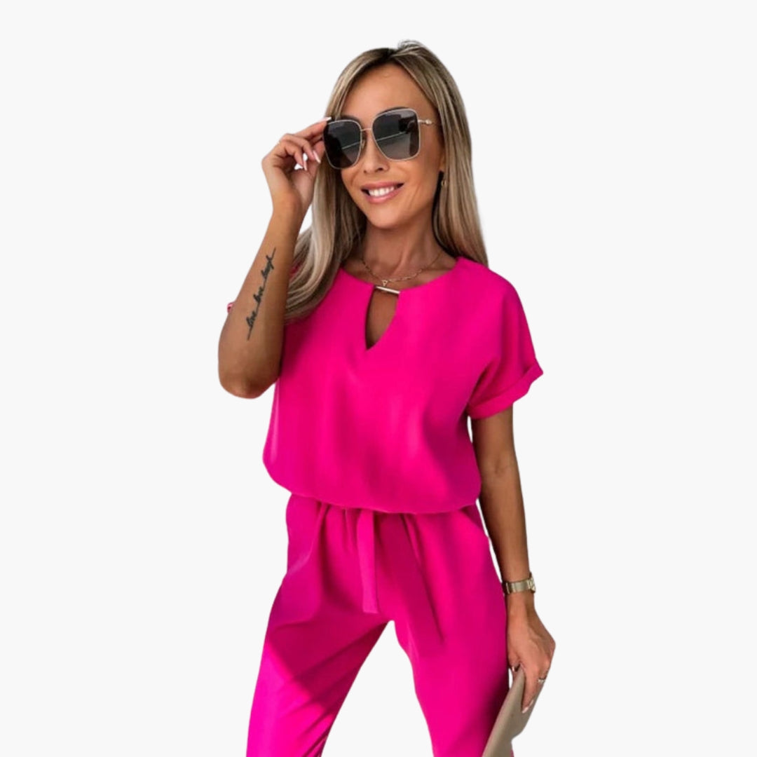 Women's jumpsuit with round neckline and waist tie