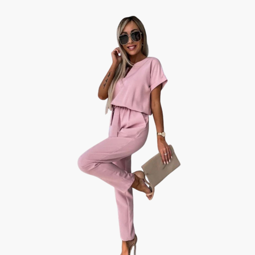 Women's jumpsuit with round neckline and waist tie