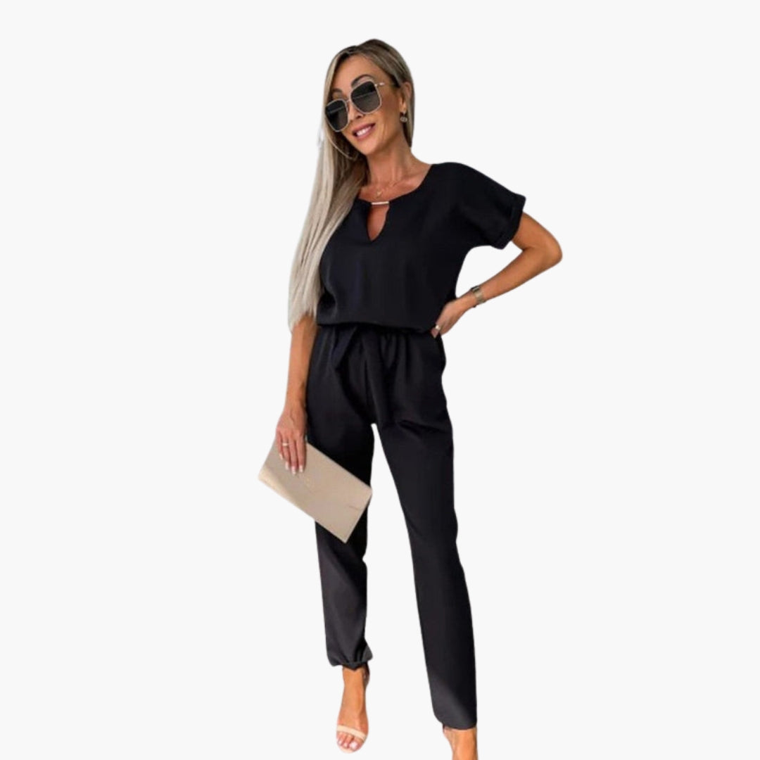 Women's jumpsuit with round neckline and waist tie