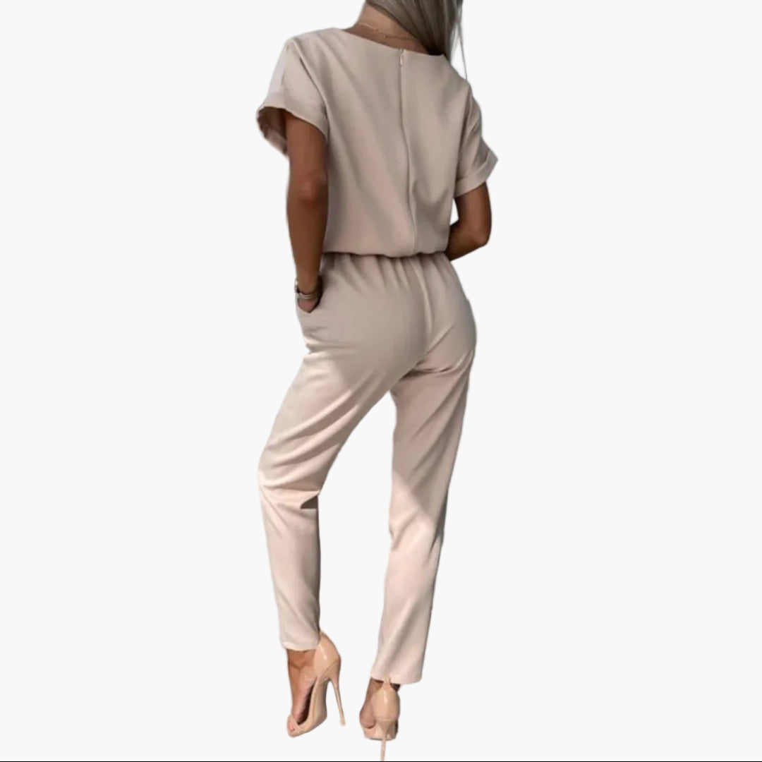 Women's jumpsuit with round neckline and waist tie