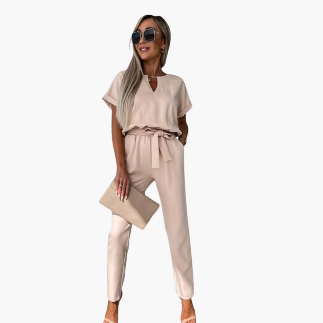 Women's jumpsuit with round neckline and waist tie