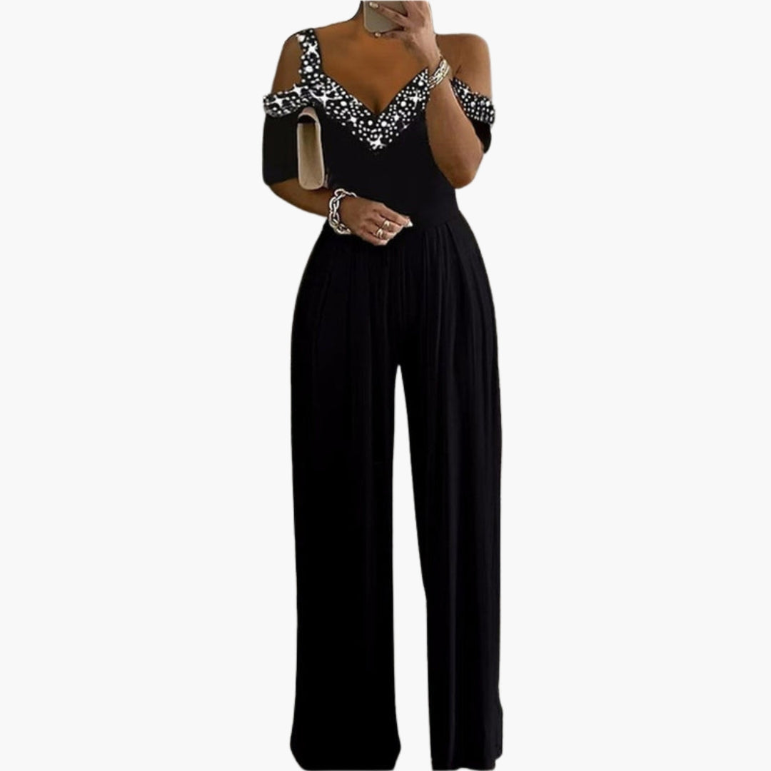 Women's jumpsuit with bare shoulders, V-neck, and wide legs