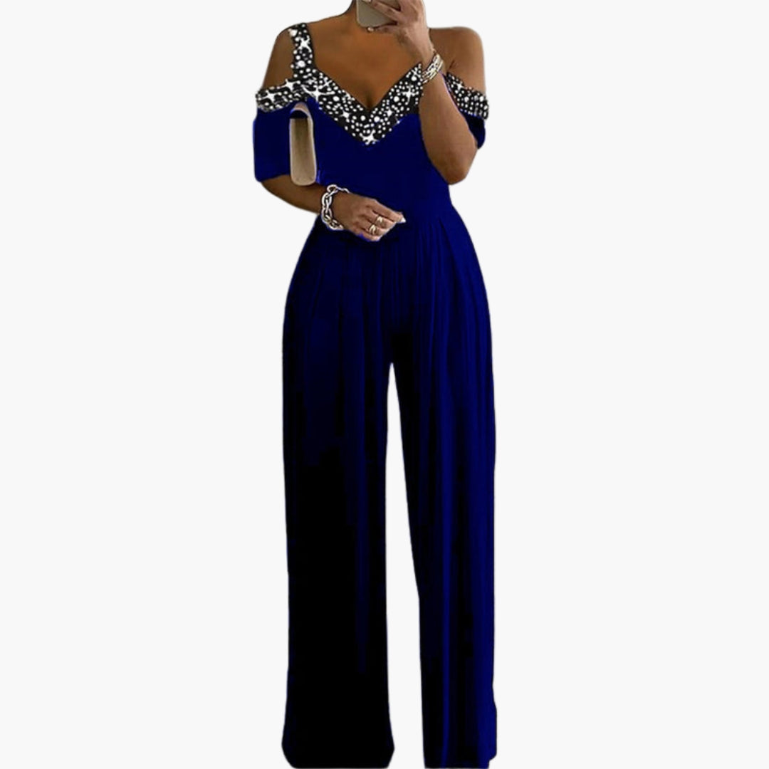 Women's jumpsuit with bare shoulders, V-neck, and wide legs