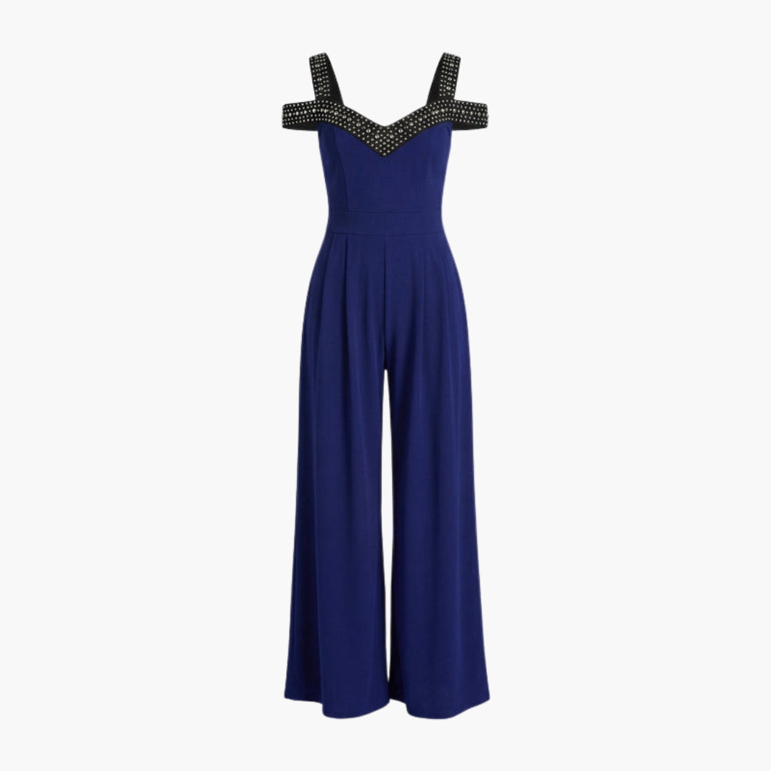 Women's jumpsuit with bare shoulders, V-neck, and wide legs