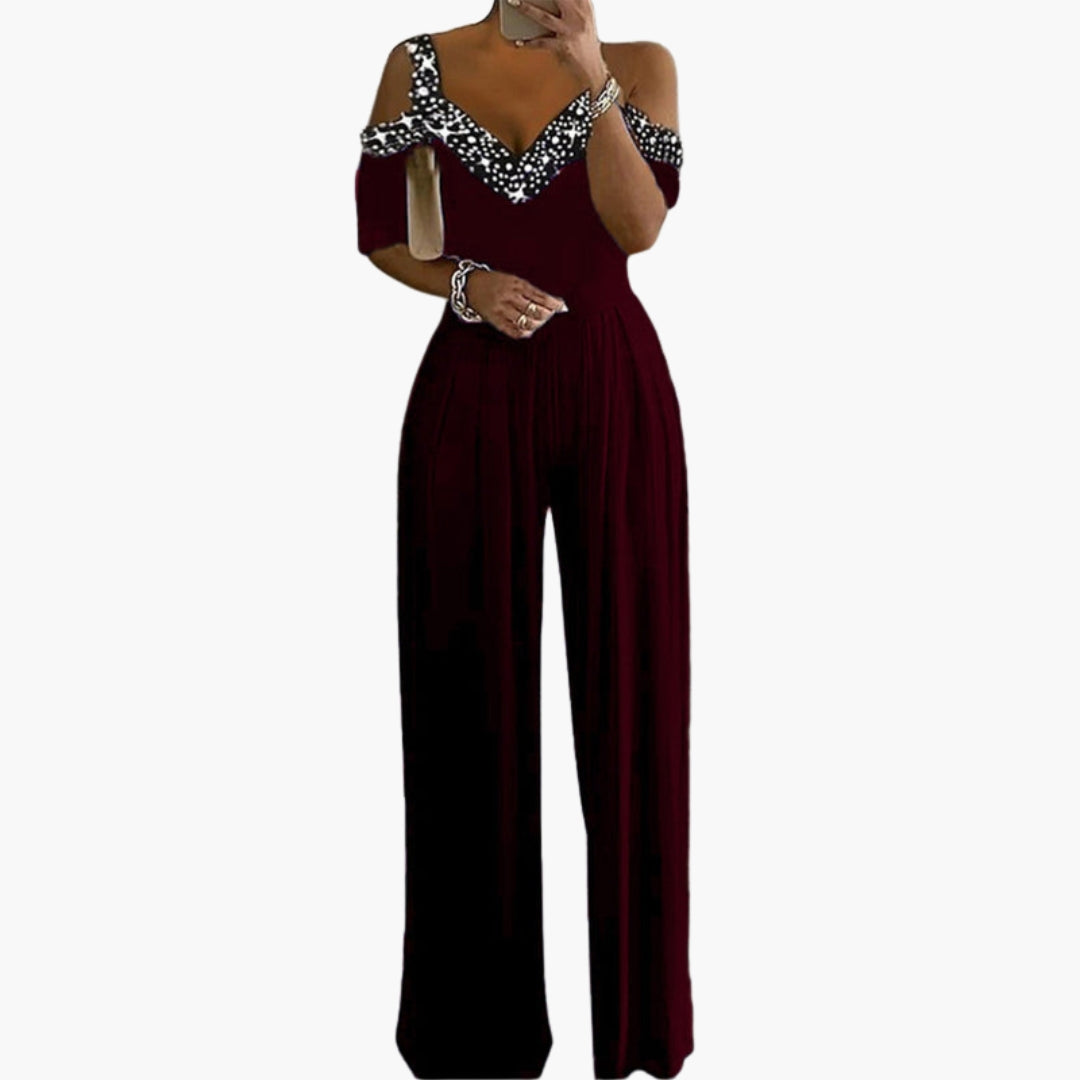 Women's jumpsuit with bare shoulders, V-neck, and wide legs
