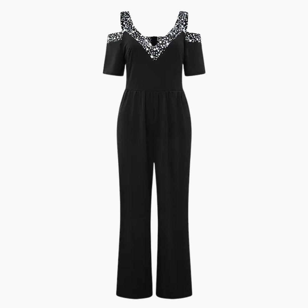 Women's jumpsuit with bare shoulders, V-neck, and wide legs
