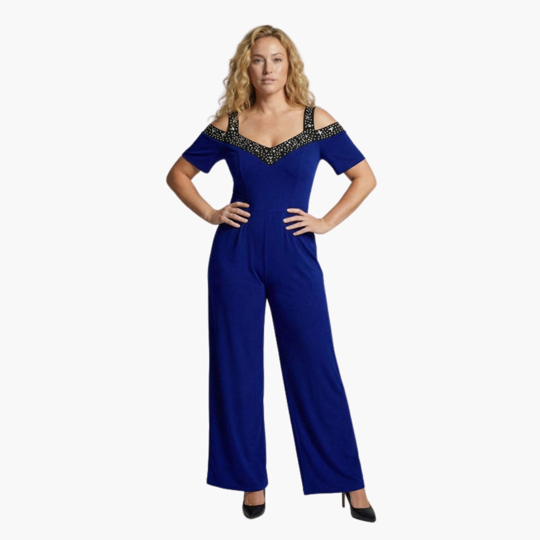 Women's jumpsuit with bare shoulders, V-neck, and wide legs